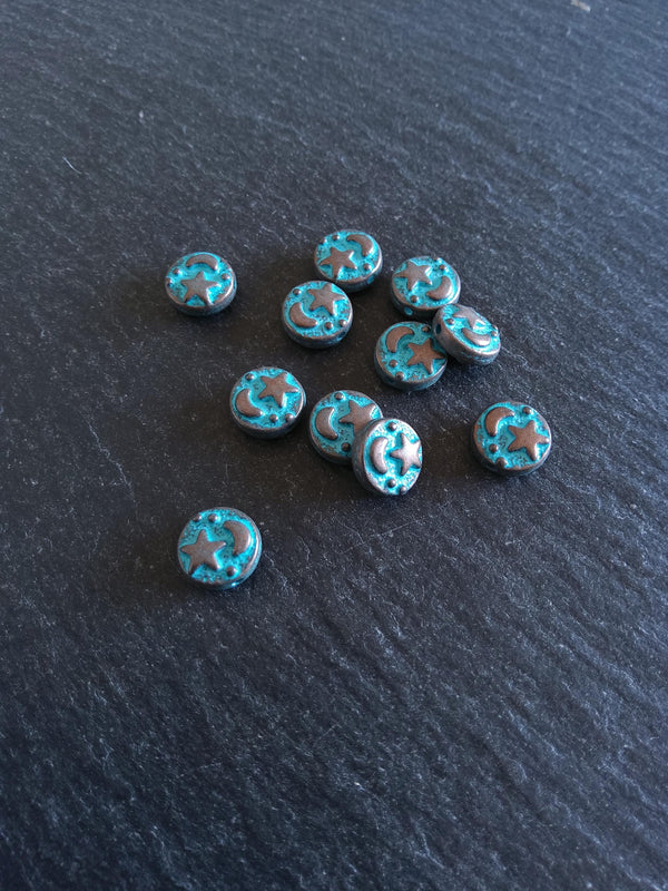 10 or 50 Flat Round 9mm Antique Copper Alloy Moon & Star Beads with Blue Patina 9x4mm Hole: 1mm - ContentedCatz