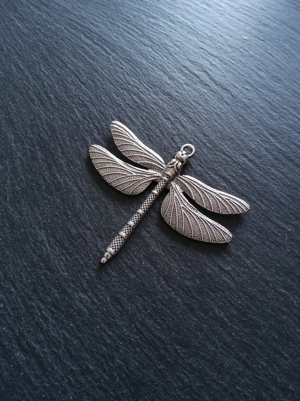 Large Dragonfly Pendant Antique Sterling Silver Plated 63x72x5mm Nickel FREE - ContentedCatz