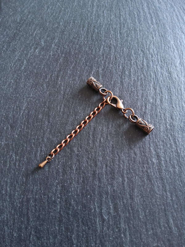 5 or 25 Antique Copper Patterned End Cap Sets for 3mm Cord Necklaces with Extender Chain (3.5mm end caps)