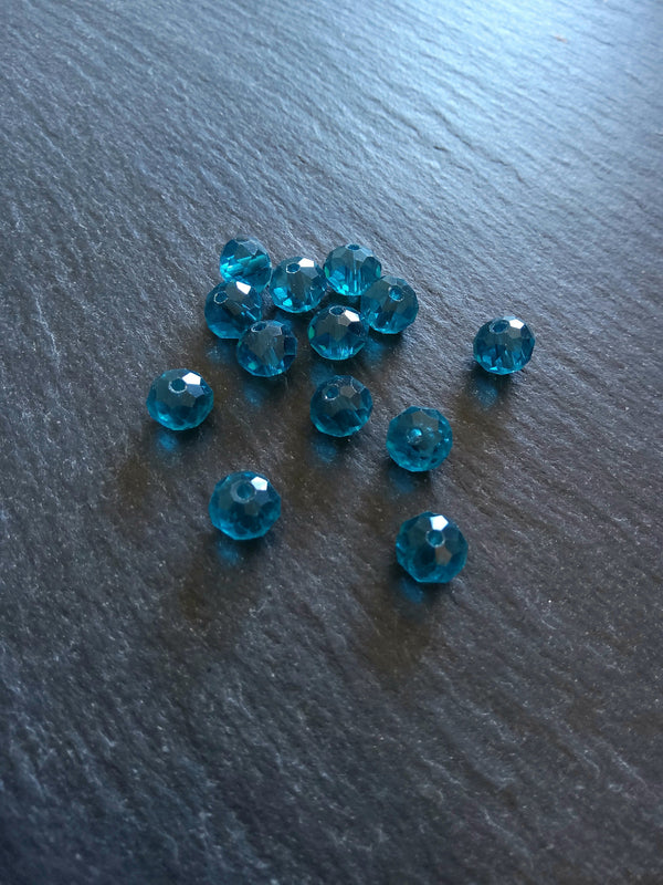 50 Clear Teal Faceted 8mm Glass Beads 8x6mm