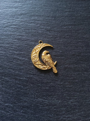 1 or 5 Crescent Moon & Raven Pendants 18K Gold Plated Steel 36x24mm