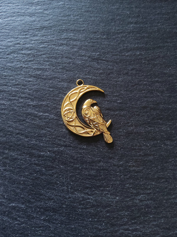 1 or 5 Crescent Moon & Raven Pendants 18K Gold Plated Steel 36x24mm