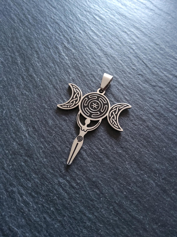Stainless Steel Hecate Triple Moon Goddess Pendant Hecate's Wheel 44x32x1.4mm