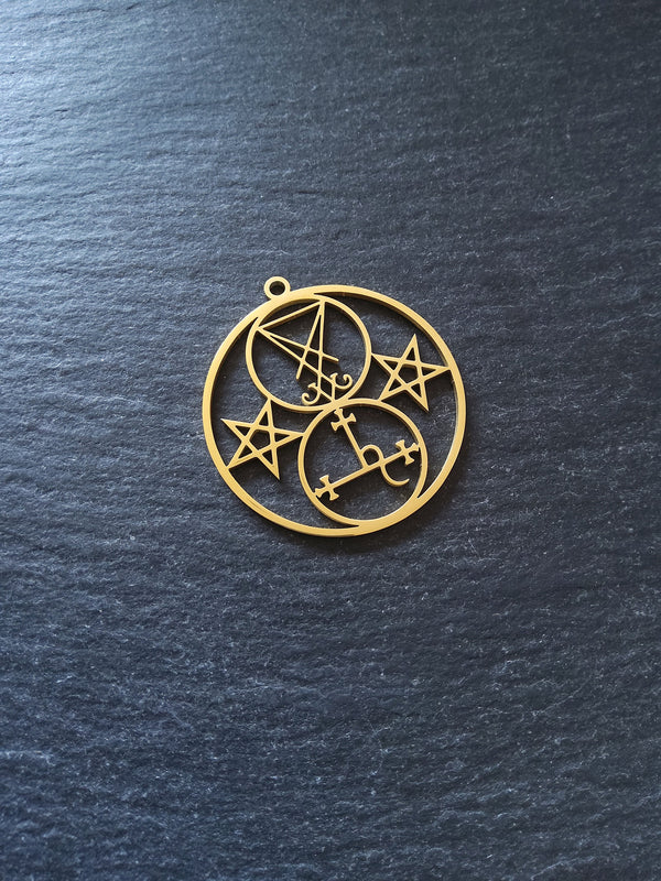 1 or 5 Real Gold Plated Stainless Steel Sigil of Lucifer & Lilith Pendants 38x35x1mm