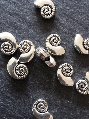 10 or 50 Sea Shell Snail Ammonite Beads 8mm Antique Silver Tone 11x8x4mm
