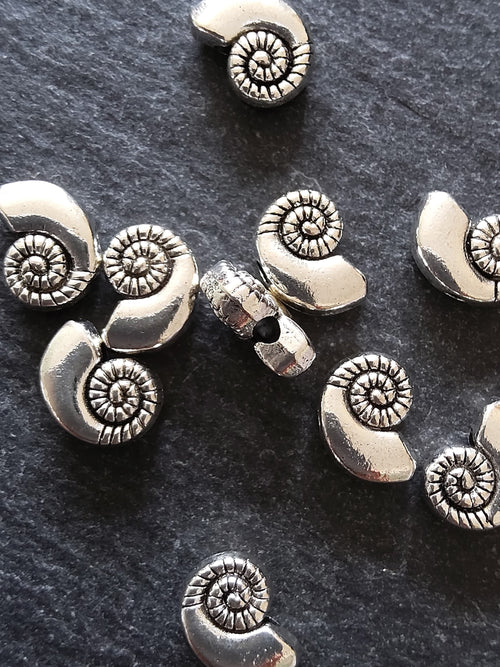 10 or 50 Sea Shell Snail Ammonite Beads 8mm Antique Silver Tone 11x8x4mm