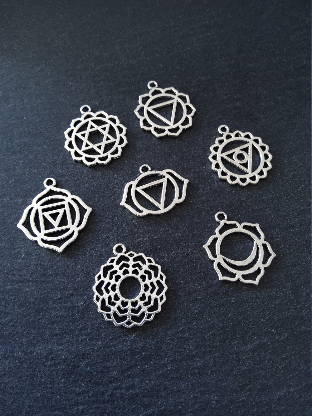 1 Full Set of The Seven Chakras Charms in Antique Silver Tone Metal Alloy average 30x25mm