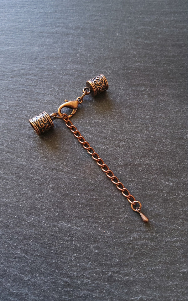 4 or 20 Antique Copper Patterned End Cap Sets for 5mm Cord with Extender Chain (5.5mm end caps)