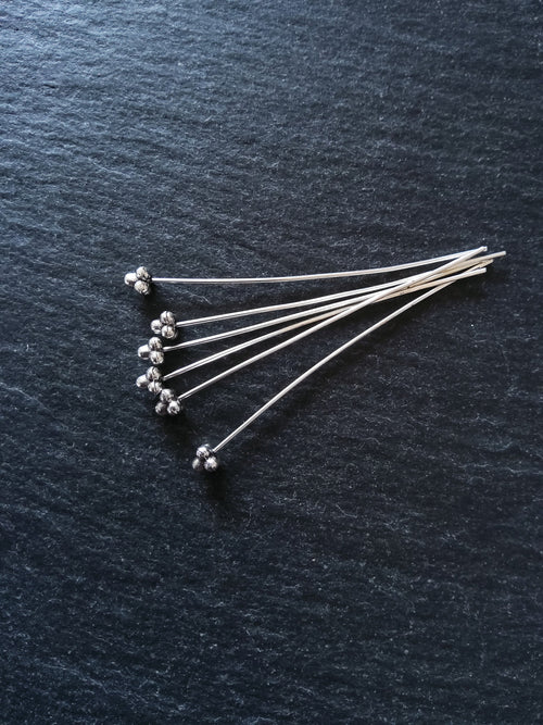 6 or 30 Antique Silver Tone Bali Style Ball Hat Headpins 52mm (2") Long 0.7mm (21 gauge) wide Inactive