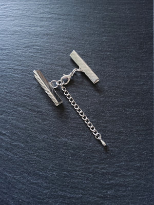 5 or 25 Silver Plated Crimp End Sets for 30mm (1 13/16") Wide Ribbon for Chokers with Extension Chain