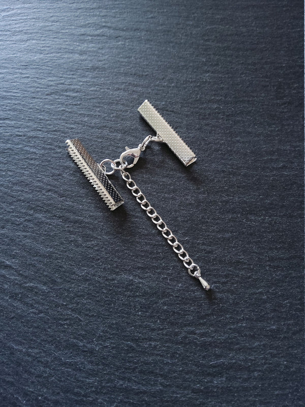 5 or 25 Silver Plated Crimp End Sets for 30mm (1 13/16") Wide Ribbon for Chokers with Extension Chain