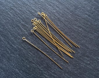 20 or 100 Genuine 18K Gold Plated 50mm Brass Eye Pins 0.5mm (24 gauge) - ContentedCatz