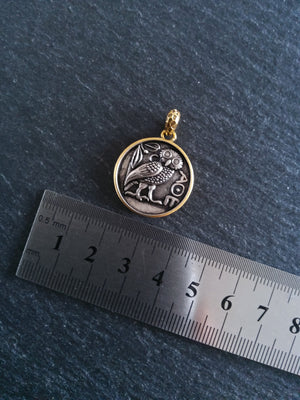 Owl of Athena Coin Effect Pendant Antique Silver & Gold Plated Brass 26x22.5mm - ContentedCatz