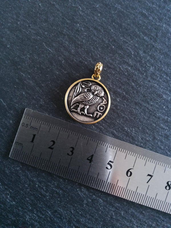 Owl of Athena Coin Effect Pendant Antique Silver & Gold Plated Brass 26x22.5mm - ContentedCatz
