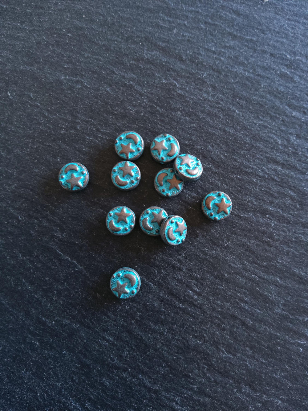 10 or 50 Flat Round 9mm Antique Copper Alloy Moon & Star Beads with Blue Patina 9x4mm Hole: 1mm - ContentedCatz
