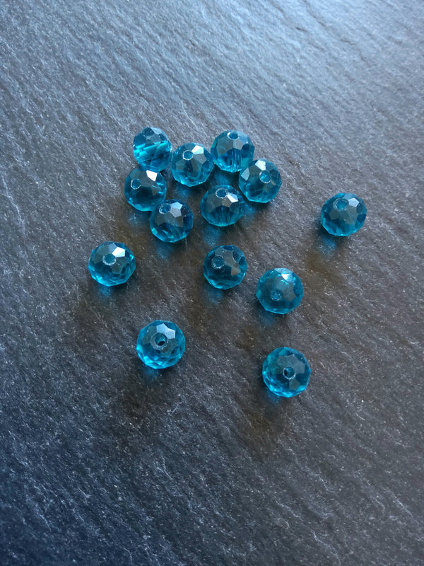 50 Clear Teal Faceted 8mm Glass Beads 8x6mm