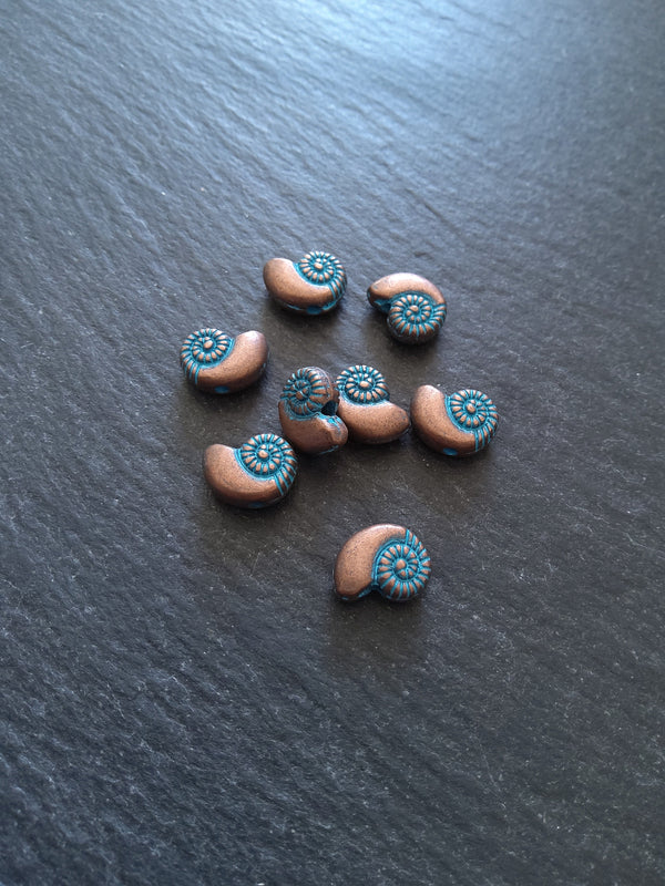 10 or 50 Sea Shell Snail Ammonite Beads 8mm Antique Copper with Blue Patina 11x8x4mm