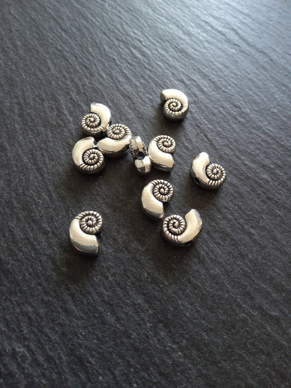 10 or 50 Sea Shell Snail Ammonite Beads 8mm Antique Silver Tone 11x8x4mm