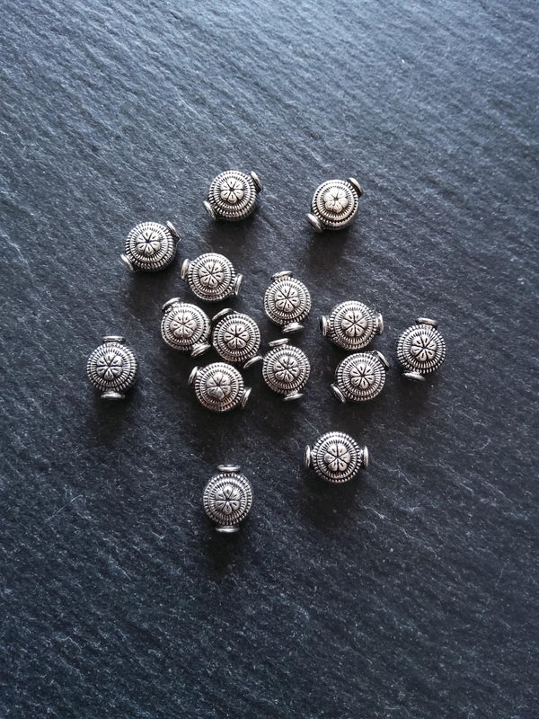 10 or 50 Silver Tone 8mm Flower Design Flattened Rounded Spacer Beads 10x8x5mm, Hole: 1.5mm