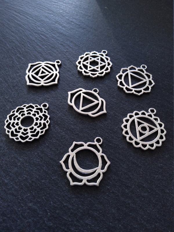 1 Full Set of The Seven Chakras Charms in Antique Silver Tone Metal Alloy average 30x25mm