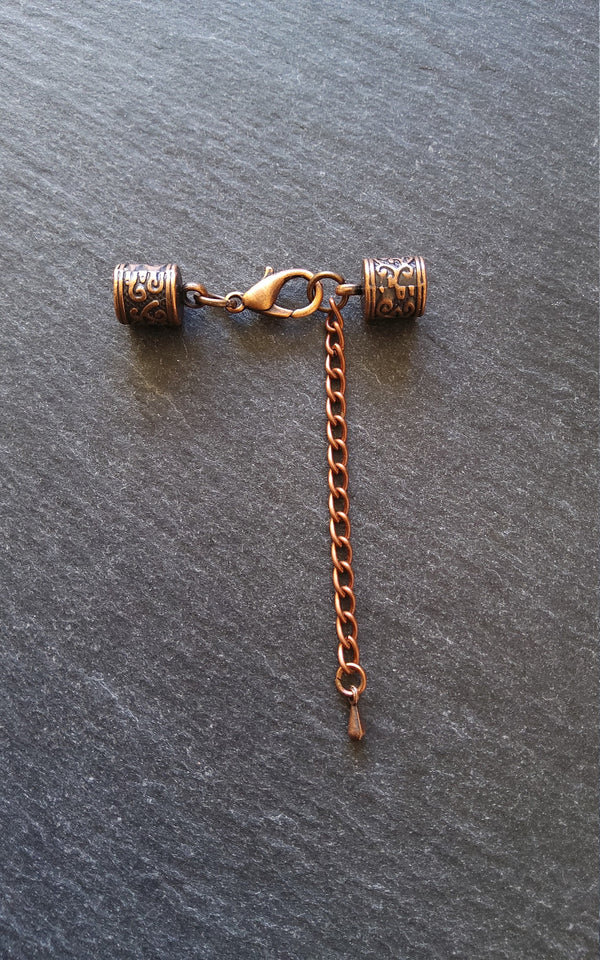 4 or 20 Antique Copper Patterned End Cap Sets for 5mm Cord with Extender Chain (5.5mm end caps)
