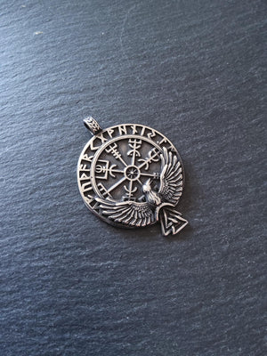 Large Round Raven & Vegvísir Wayfinder Compass Pendant Stainless Steel 56x41mm