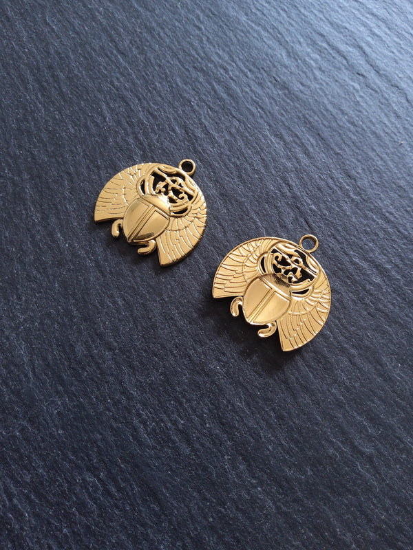 1 or 5 Egyptian Scarab Beatle Charms Real Gold Plated Stainless Steel 25x25x2mm