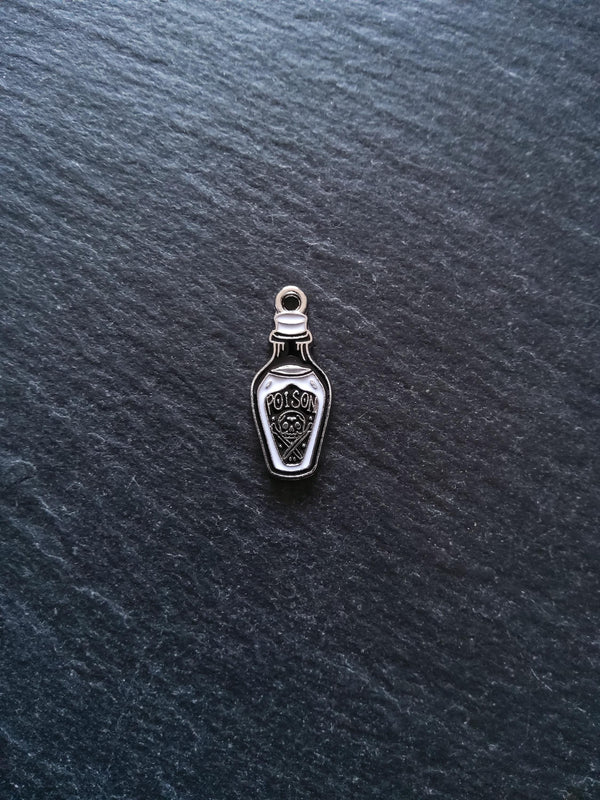 4 or 20 Little Poison Skull & Cross Bones Bottle Charms Silver Tone 23x10mm