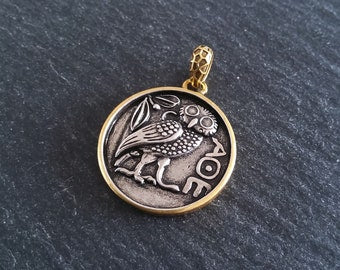Owl of Athena Coin Effect Pendant Antique Silver & Gold Plated Brass 26x22.5mm - ContentedCatz