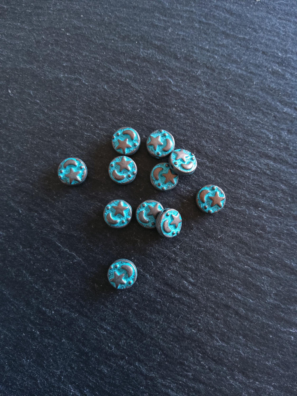 10 or 50 Flat Round 9mm Antique Copper Alloy Moon & Star Beads with Blue Patina 9x4mm Hole: 1mm - ContentedCatz