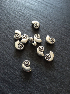 10 or 50 Sea Shell Snail Ammonite Beads 8mm Antique Silver Tone 11x8x4mm