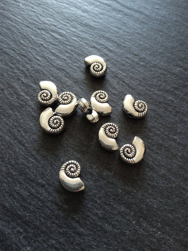 10 or 50 Sea Shell Snail Ammonite Beads 8mm Antique Silver Tone 11x8x4mm