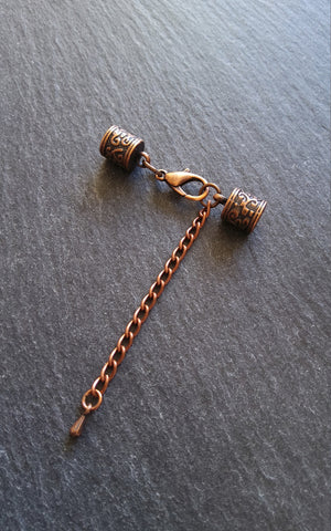 4 or 20 Antique Copper Patterned End Cap Sets for 5mm Cord with Extender Chain (5.5mm end caps)