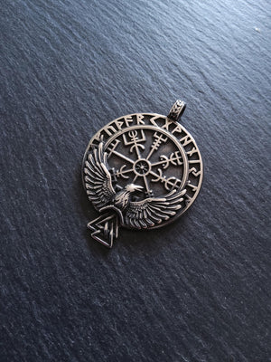 Large Round Raven & Vegvísir Wayfinder Compass Pendant Stainless Steel 56x41mm