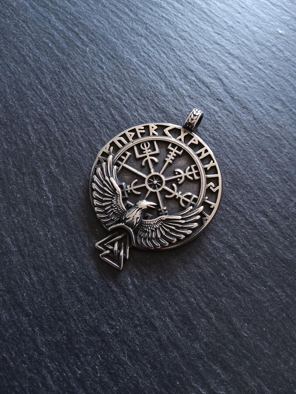 Large Round Raven & Vegvísir Wayfinder Compass Pendant Stainless Steel 56x41mm