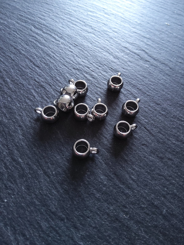 10 or 50 Silver Tone Bail Beads Smooth Plain Metal Alloy 11x8x5mm Large 5mm Hole