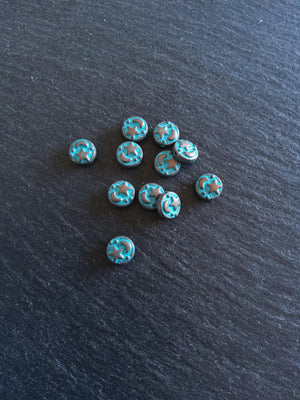 10 or 50 Flat Round 9mm Antique Copper Alloy Moon & Star Beads with Blue Patina 9x4mm Hole: 1mm - ContentedCatz