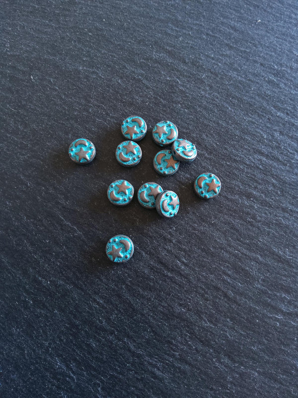 10 or 50 Flat Round 9mm Antique Copper Alloy Moon & Star Beads with Blue Patina 9x4mm Hole: 1mm - ContentedCatz