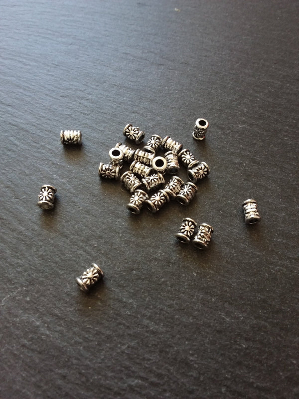20 or 100 Antique Silver Tone Patterned 6mm Tube Column Beads 6x4.5mm