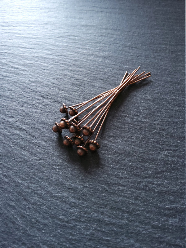 10 or 30 Antique Copper Tone 5.5mm Hat Headpins 55mm long, 0.7mm (21 gauge)