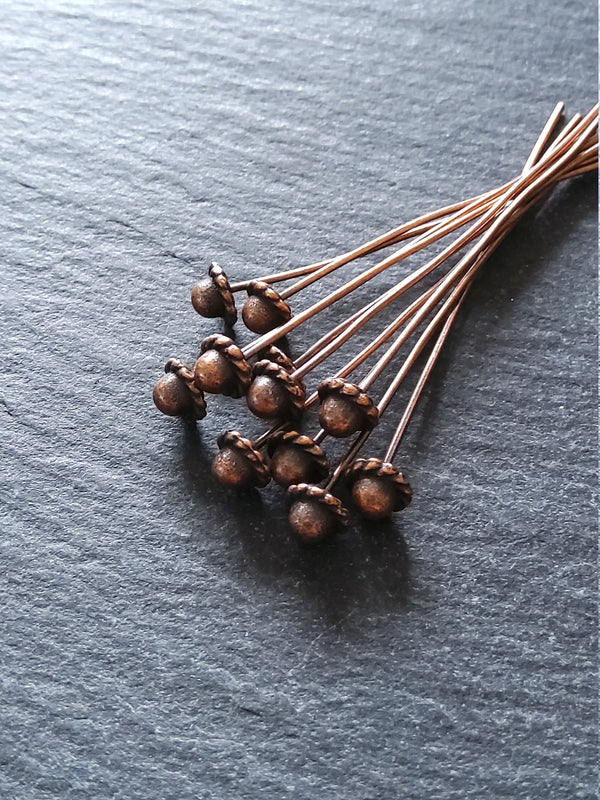 10 or 30 Antique Copper Tone 5.5mm Hat Headpins 55mm long, 0.7mm (21 gauge)