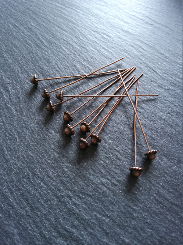 10 or 30 Antique Copper Tone 5.5mm Hat Headpins 55mm long, 0.7mm (21 gauge)
