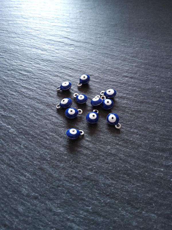 6 or 30 Evil Eye Charms Stainless Steel with Blue & White Enamel 8.5x6x4mm