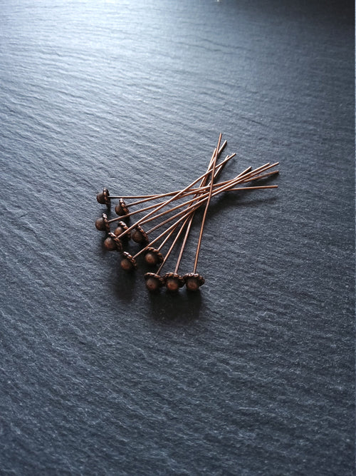 10 or 30 Antique Copper Tone 5.5mm Hat Headpins 55mm long, 0.7mm (21 gauge)