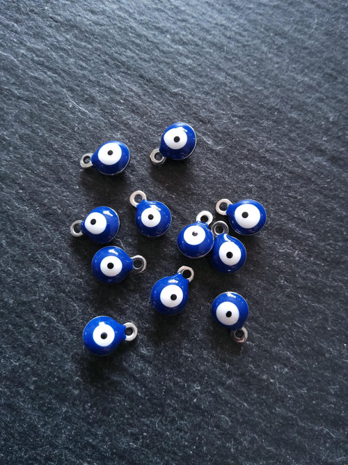 6 or 30 Evil Eye Charms Stainless Steel with Blue & White Enamel 8.5x6x4mm