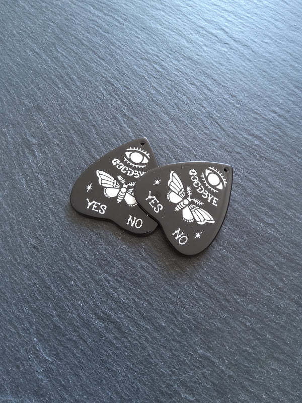 2 or 10 Large Black Acrylic Ouija Planchette Charms with Moth in White 42x40mm