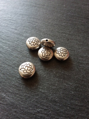 2 or 10 Lotus Beads 14mm Real Antiqued Sterling Silver Plated Flat Round 14x6.5mm Nickel FREE