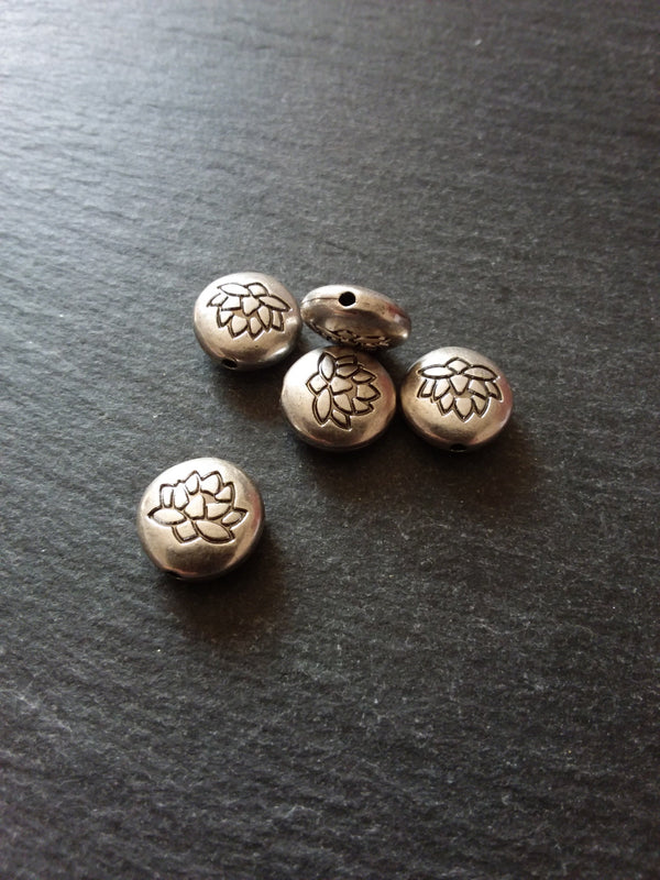 2 or 10 Lotus Beads 14mm Real Antiqued Sterling Silver Plated Flat Round 14x6.5mm Nickel FREE
