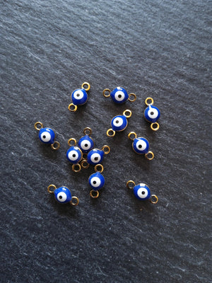 4 or 20 Double Sided Evil Eye Connector Charms Gold Plated Stainless Steel with Blue & White Enamel 9x4.5x2.7mm