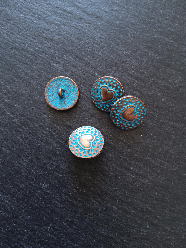 6 or 30 Round Heart Shank Buttons Antique Copper Tone Alloy with Blue Patina 18mm Diameter